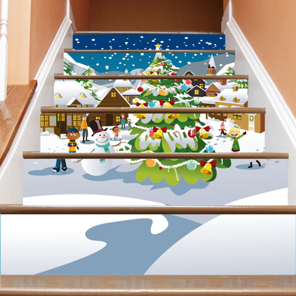 Vanntette 3D juletrappeklistremerker for trappeoppussing, tegneserie juletre Snølandskap 3D trapp Fasjonabelt vanntett klistremerke Trinn C