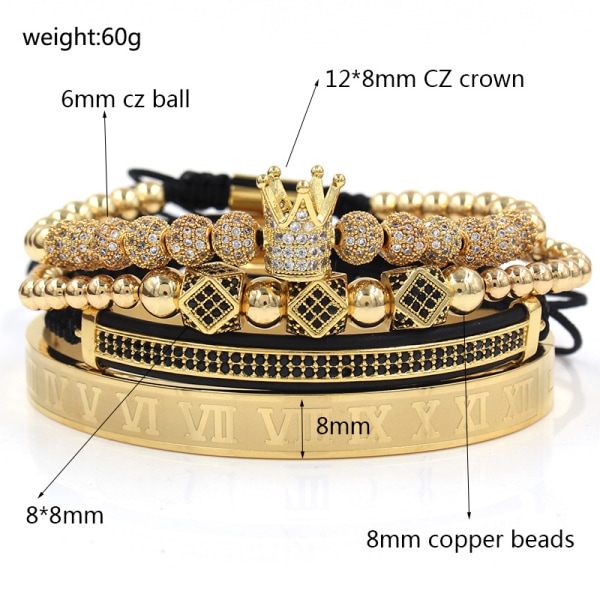 Punk Style Zirconium Crown Diamond Dobbeltrad Halvmånekombinasjon Firedelt sett armbåndarmbånd (gull)