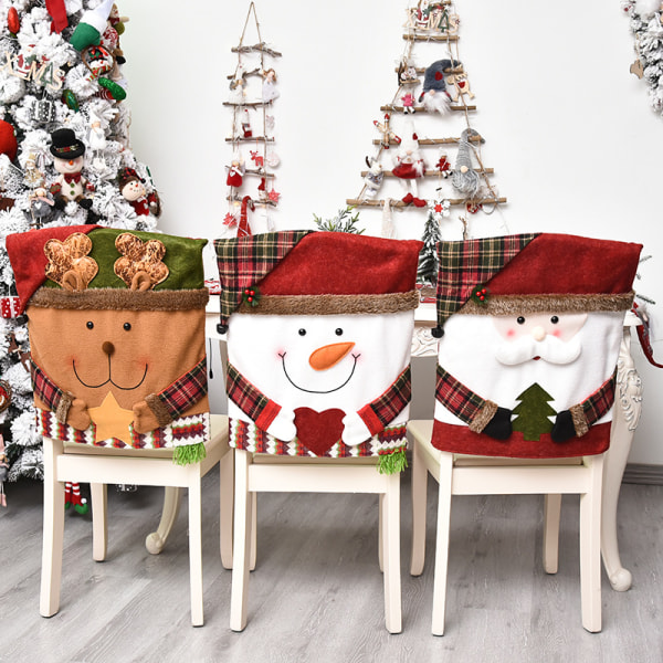 i 3-pack julstol ryggöverdrag för matsal Santa Snowman Renar Xmas Party Dekor Xmas Decor Doll Cover