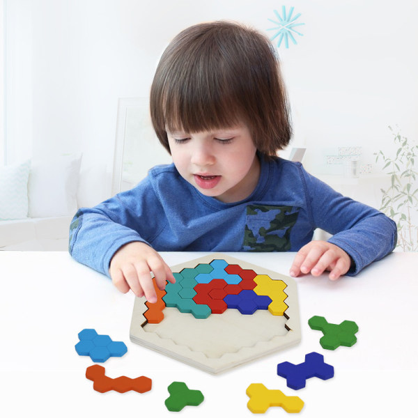 Hex-puslespil i træ til børn Voksne - Formmønsterblok Tangram Hjernetrasslegetøj Geometrisk logik IQ-spil for alle aldre