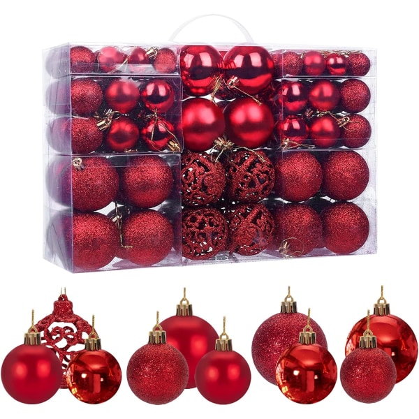 Sett med 100 gylne julekuler til juletre, dekorasjoner glitter, ugjennomsiktig, skinnende, Ø 3, 4 og 6 cm（Rød）