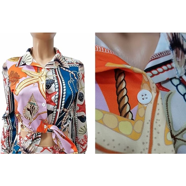Naisten 2-osainen mekko, kukkainen pitkähihainen paita ja minilaskostettu set (oranssi, L)