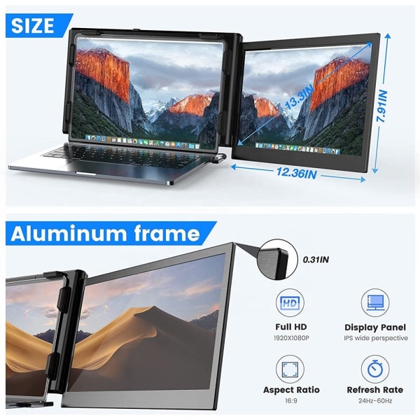 Bärbar bildskärm för bärbar dator skärmförlängare 12 tums bildskärm 1080P högtalarskärm kompatibel med 13'-16' Mac Windows bärbar dator