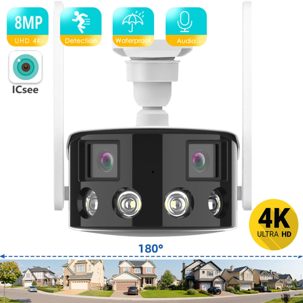 8MP 4K Dual Lens Ultra vidvinkel 180° Wifi IP-kamera Sikkerhedsbeskyttelse Ai Human Detect Sikkerhedsovervågning ICSEE APP 4MP No SD Card
