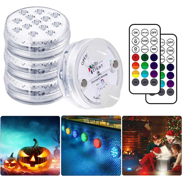 LED-allaslamppu Upotettavat LED-valot, valaistusaika 30-50 tuntia IP68 vedenpitävä 16 RGB-värimuutos koristelamput (4 kpl)