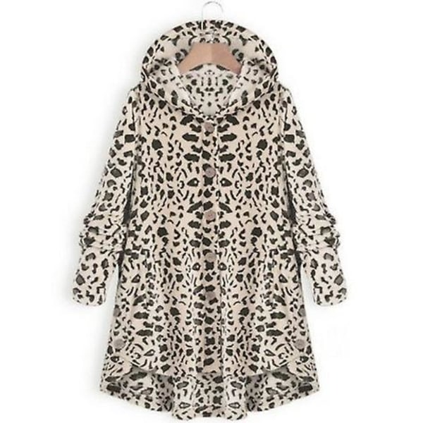 Lang plysjfrakk ensfarget hetteknappstrikket for kvinner, løs lange ermer, lang tykk genser Beige Leopard XXL