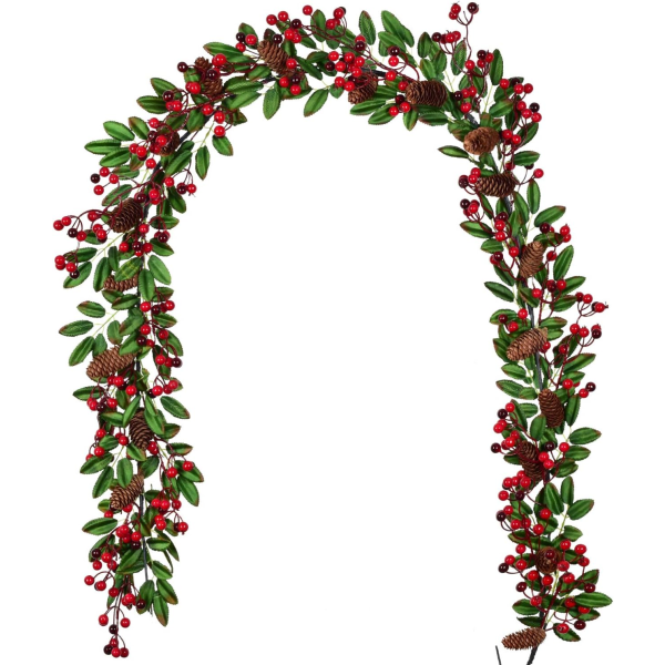 6" Berry Garland Holly Dekoration Julgirlanger med kottar Röda svarta bär och gröna blad Järnek Garland för öppen spis, bordsdekoration