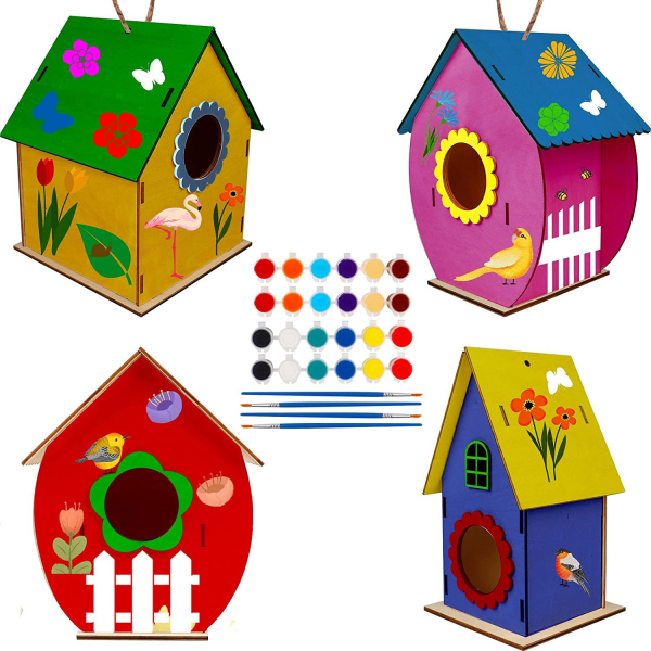 Kids Craft fågelhus, DIY fågelhus för barn med 3 fågelhus, hantverk för barn 8 år Måla dig själv, Spel för flickor 10 år 6 år gamla