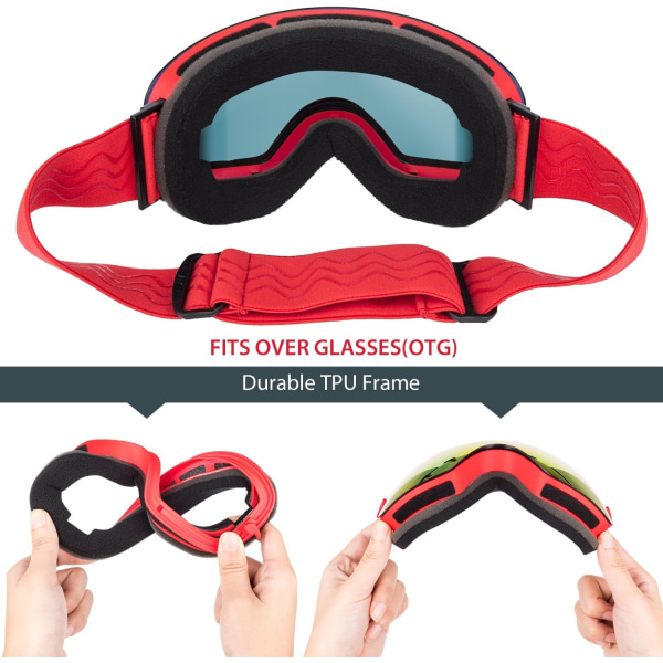 OTG Skidglasögon, Skidmask Anti-dimma och vindtäta skyddsglasögon för män, kvinnor och ungdomar, UV 400-skydd, avtagbara sfäriska glasögon Röda