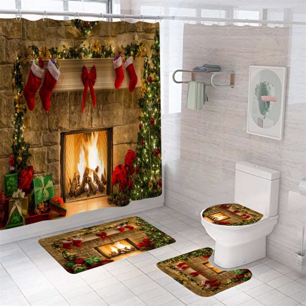 4ST Jul Öppen spis Duschdraperier, Julgransstrumpa Duschgardinset med mattor, Cover och Badkarsmatta för Set D