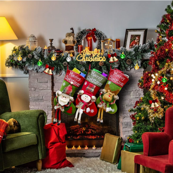 Julestrømpe, 3 stk. julegavepose, store julestrømper med julemand snemand og rensdyr, hængende julestrømpe til pejsetræ