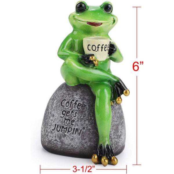 Luova käsityöhartsisammakkohahmosisustus, kivipatsaalla istuva sammakko juomassa kahvia veistospatsas, yksilöllisiä keräilyhahmoja maskotti Fro