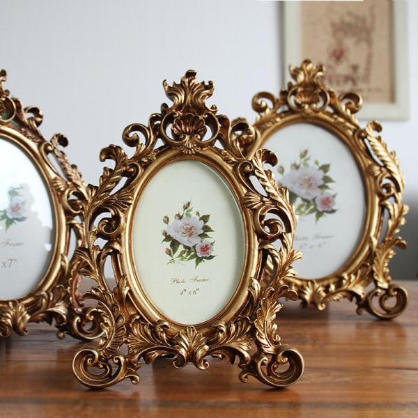 1 pakke med 7-tommers europeisk stil retro fotoramme i amerikansk stil luksus dekorasjon barokk bilderamme gylden harpiks