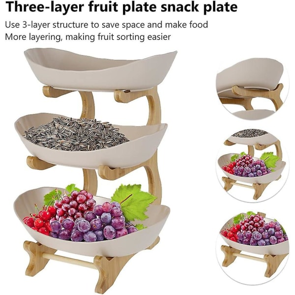 Fruktkorg, 3-vånings keramiskt fruktställ med naturligt bambuställ för frukt, kakor, godis 35*15 cm (beige)