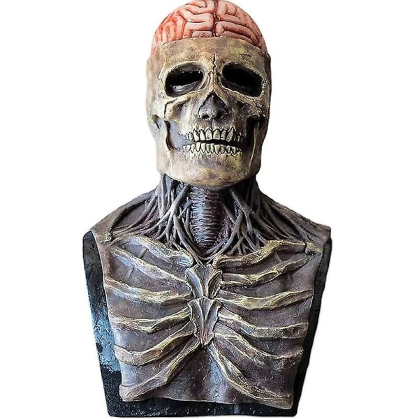 Människoskallemask med "fräsch hjärna och rörlig käke" läskig zombiemask Halloween skrämmande dekorationer Helt huvud Vuxen