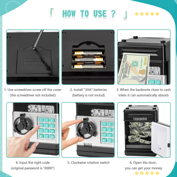 1 pakke sort sparegris bedste gavelegetøj til piger Drenge Stor elektronisk møntbank med rigtige penge Børn Adgangskodesikker