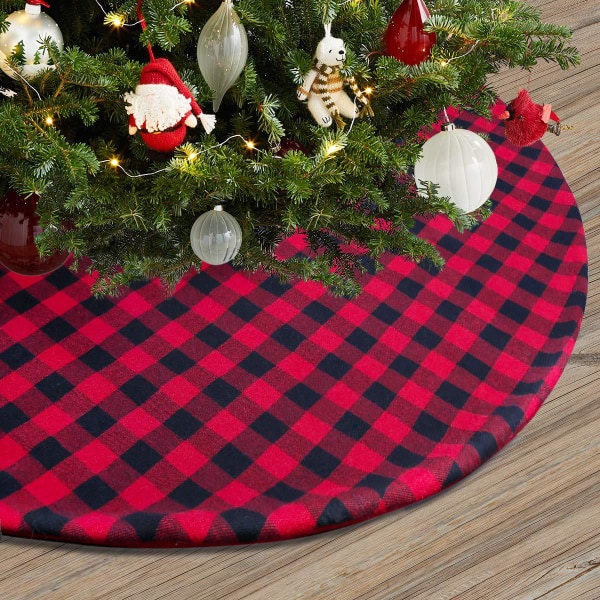(endast julgranskjol)122cm Julgranskjol röd och svart buffelrutig trädkjol snöflingadesign för nyårshusdekorationstillbehör