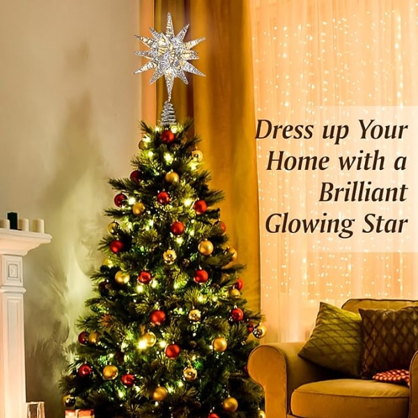 Star Christmas Tree Treetop - Hopeinen joulukuusen latva LED-valo, Moravian Star -joulukuusen kimalteleva rautapuun latva, sisätilojen joulukoristeet