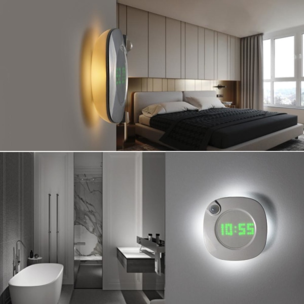 LED PIR Bevægelsessensor Vægur Lampe 360 ​​grader USB Moderne Design Digital Watch Time Indendørs Køkken Badeværelse Study Natlys