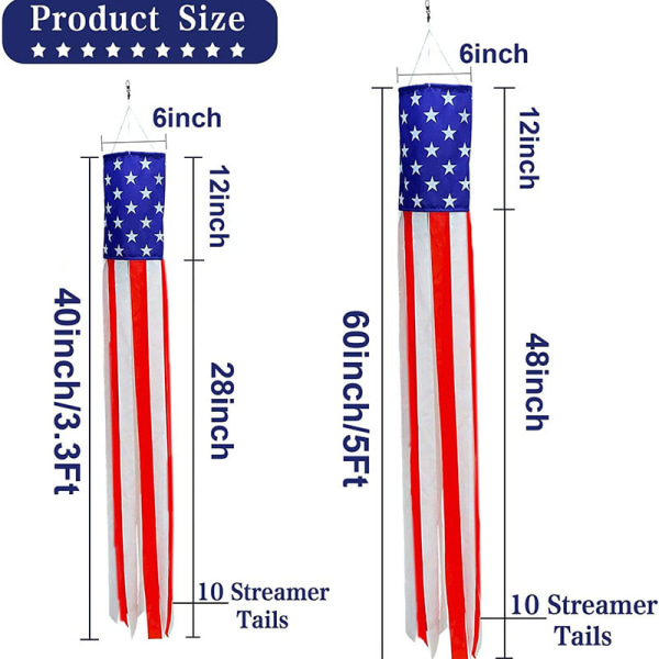 2-pack American Flag Windsocks Stars and Stripes Patriotiska dekorativa broderade stjärnor och blekningsbeständiga 60" Windsock Flaggor