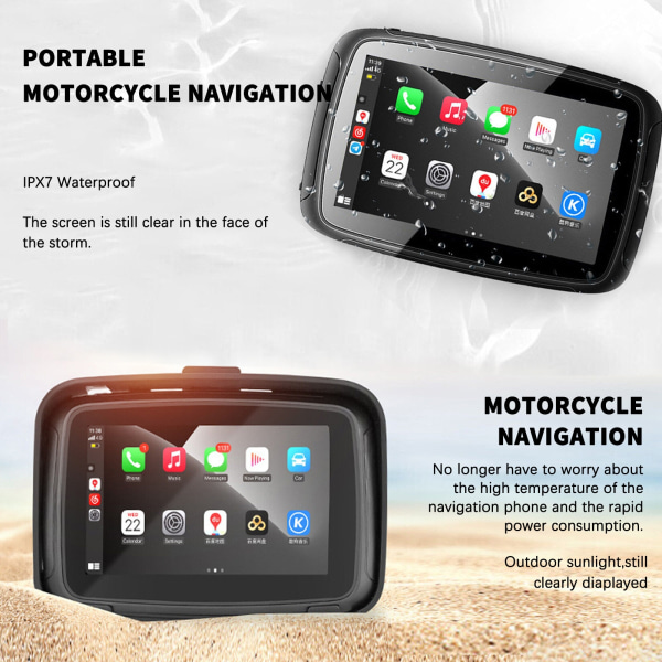 5-tums IPS-pekskärm Bärbar Motorcykelnavigator Stöd för trådlös CarPlay & Android Auto Vattentät