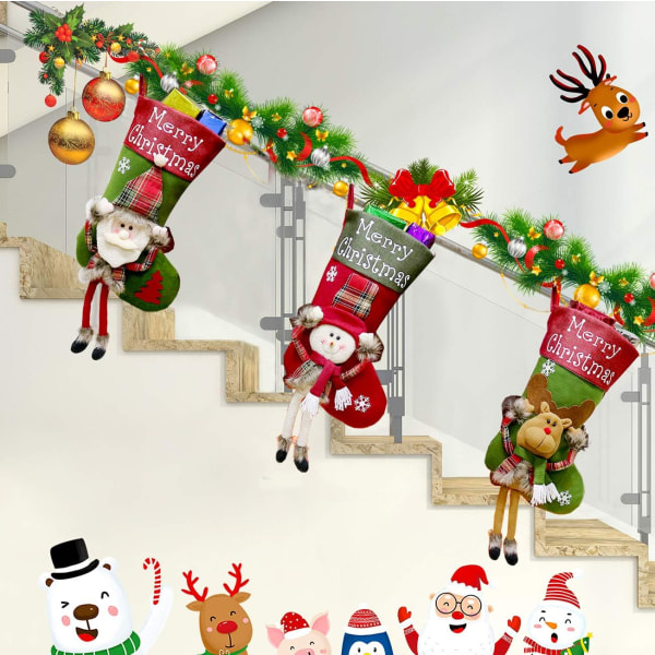 Julestrømpe, 3 stk. julegavepose, store julestrømper med julemand snemand og rensdyr, hængende julestrømpe til pejsetræ