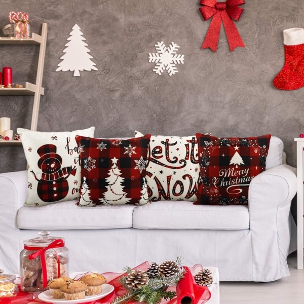 4stk julepudebetræk til julepynt Sort og rød bøffel plaid pudebetræk Rustik linned pudebetræk pudebetræk til sofa sofa 18×18