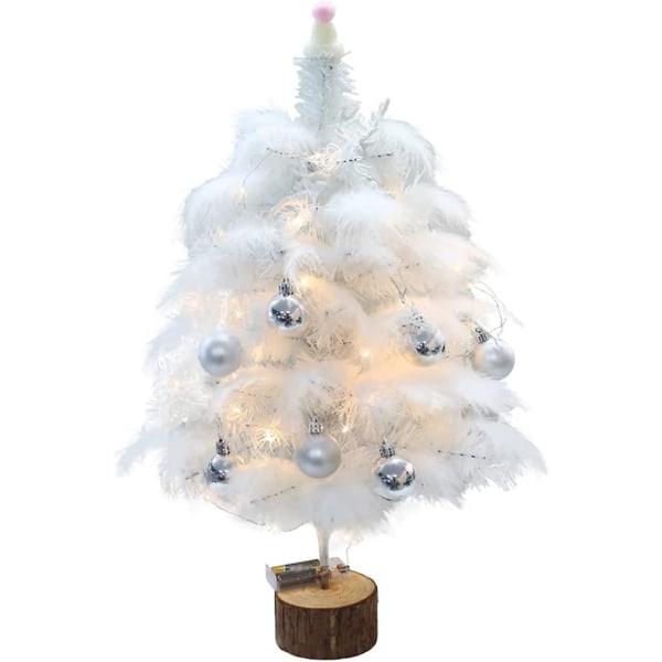 Forhåndsbelyst kunstig minijuletre 45 cm hvit liten bordplate furu juletre med lys og ornamenter, skrivebordsjuletre til feriefest De