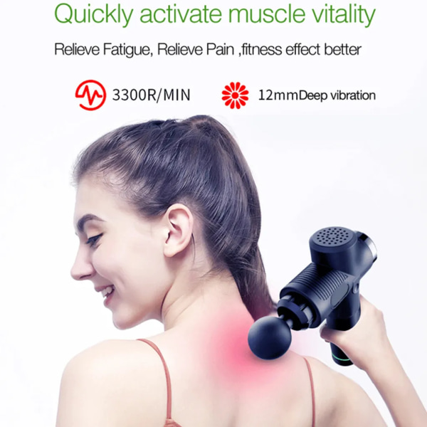 Elektrisk massagepistol Deep Tissue Muscle Massager med 6 massagehoveder 2400mAh Li-ion batteri 30 niveauer Justerbar LED Display Sort