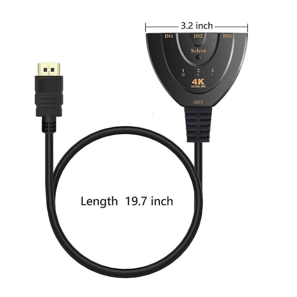 Commutateur HDMI 3 portar 4k Hdmi Switch 3x1 Switch HDMI Splitter Pigtail Cble Prend En Charge Full Hd 4k 1080p Lecteur 3d(svart)