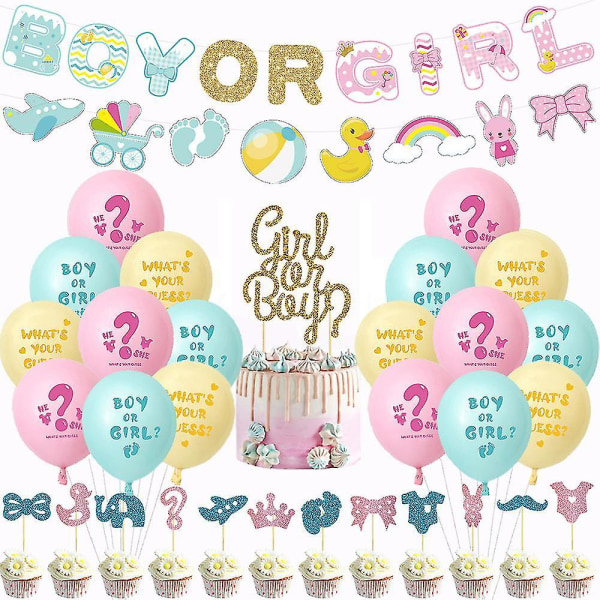 Pojke eller flicka Baby Shower Party Dekoration Tillbehör Ballonger Banner Cake Topper Set