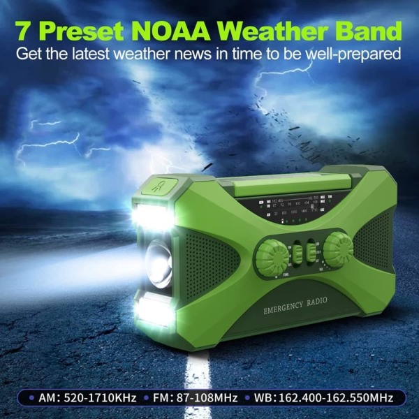 10000 MAH nødradio, solbølgeradio, bærbar radio med telefonoplader, grøn LED lommelygte