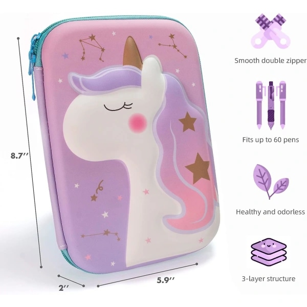 Hopfällbar silikonkopp Unicorn Case til piger Sød 3D Stor Kapacitet Etui med dobbelt lynlås Penalhus