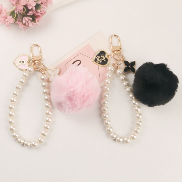 Ny Kawaii Love Bear Pink Black Pompom Nøglering Dametaske Sort