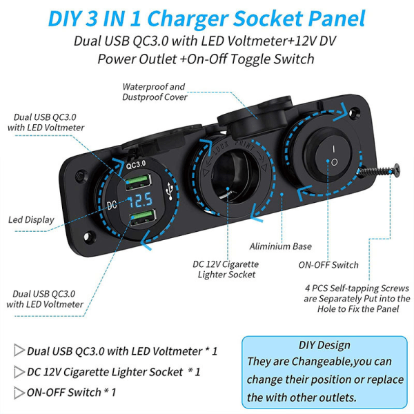 Biloplader strømpanel 12V dobbelt USB-opladerudtag til båd/flåde/lastbil/motorcykel