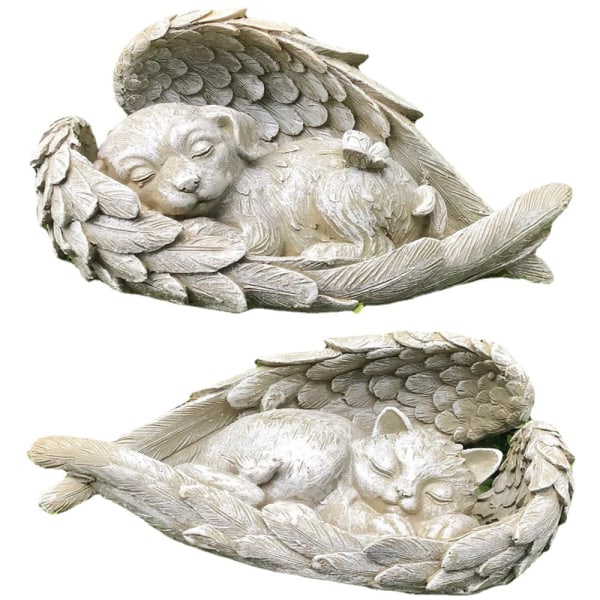Sovande ängel Hundkatt med vingar dekorerad Resin Pet Jubileumsstaty