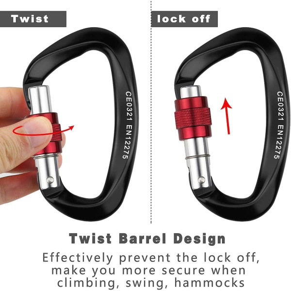 Klätterkarbinhake, 2st självlåsande karbinhake Aluminium rostfritt stål D-ring karbinhake för bergsklättring och rappellering, lås hundar, hängmattgunga,