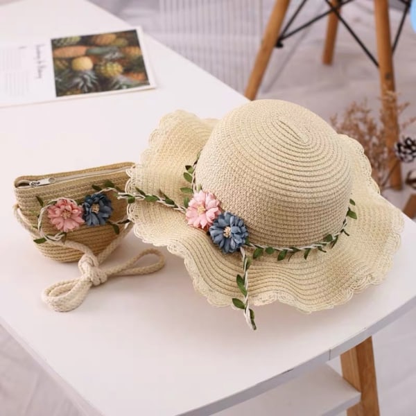 Girls Summer Hat Bag Set Sun Beach Hat Strap Axelväska beige