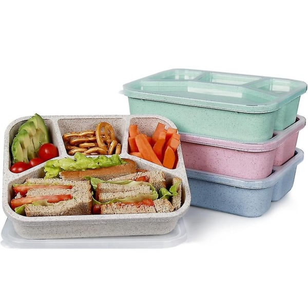 4 pakker uden måltidsforberedende plastik frokostbeholdere med 4 rum, genanvendelig Bento-boks til børn/t