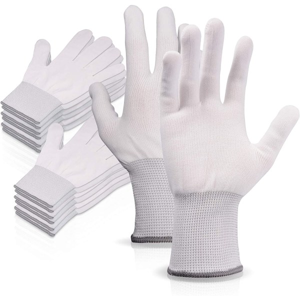 6 paria valkoisia nylon -työkäsineitä, liukumattomat hanskat