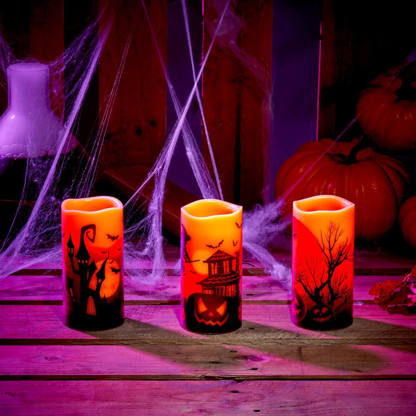 3 Halloween LED flamlösa ljus, äkta vax (15 cm) - Batteridriven med på och av-brytare - Halloween festdekoration