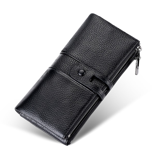 Retro läder dam plånbok Koreansk stil mode mobiltelefonväska översta lager kohud lång plånbok black
