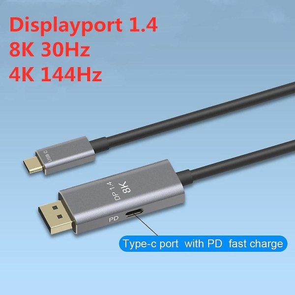 Harmaa USB C - DisplayPort 1.4 8K -kaapeli ja USB C PD 8K