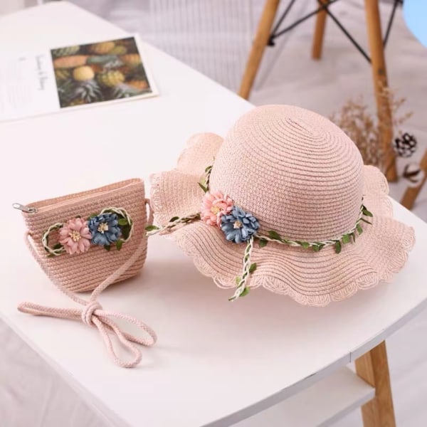 Jenter Summer Hat Bag Set Sun Beach Hat Strap Skulderveske pink