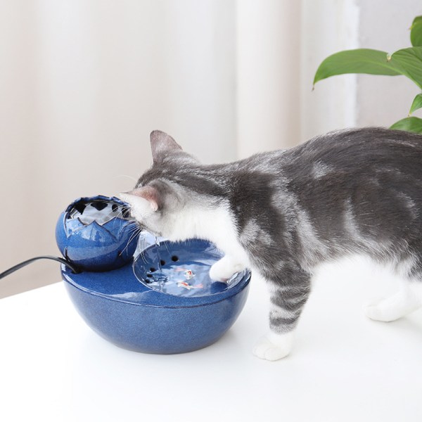 Katt dricker fontän keramik husdjur dricker fontän-Lotus vertikal katt dricker fontän-automatisk cirkulerande filtrerat vatten hälsa och hygien blue
