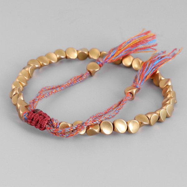 Håndlaget tibetansk kobberperlearmbånd, buddhistisk vevd bomullstau-bærearmbånd, beskytter lykke til vellykket amulett