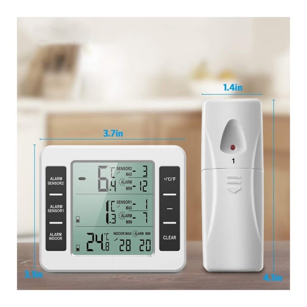 Køletermometer, frysetermometer digitalt med 2 sensorer