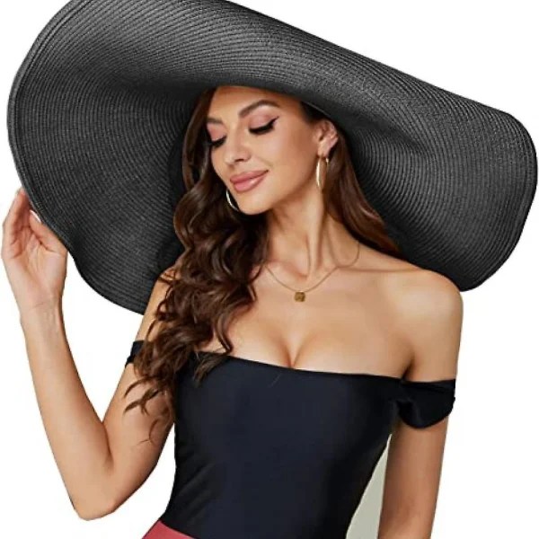 Lue, oversized stråhatt for kvinner, moteriktig stor solhatt med bred brem sort black