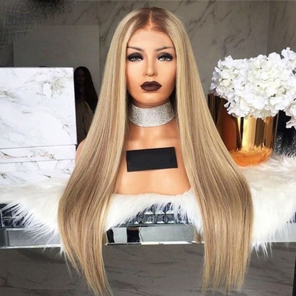 Värmebeständig blond peruk för kvinnor Syntetiskt hår Långt rakt festfrisyr