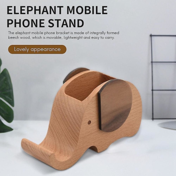 Træ elefant mobiltelefon holder/stander med blyant og blyant holder Skrivebordsdekoration Multifunktionel sup
